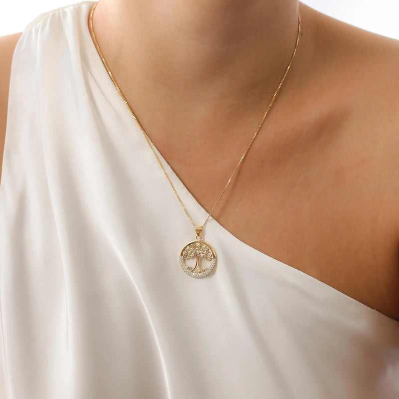 Colar Árvore da Vida Cravejado com Zicôrnias Banhado em Ouro 18k