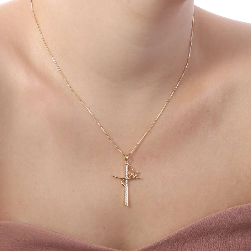 Colar com Pigente Fé Cravejado com Zicôrnia Banhado a Ouro 18k