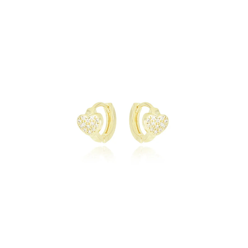 Brinco Argola Articulada com Coração Cravejado com Zicôrnias Banhado a Ouro 18k